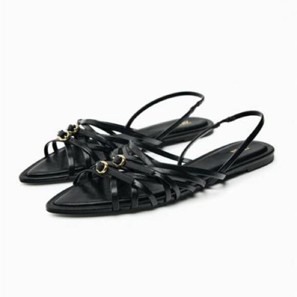 Zara Black Cross Strap Flat Sandals Size 8 - Picture 1 of 6